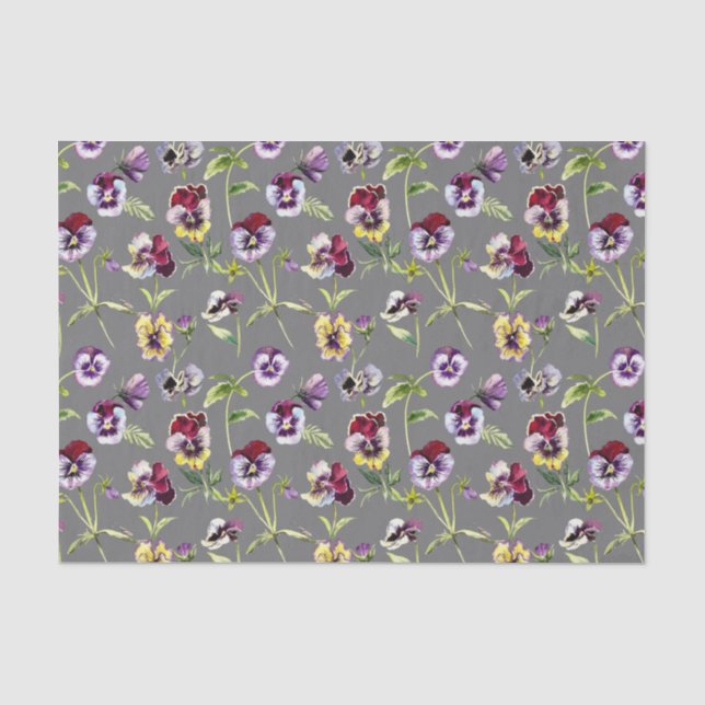 Pretty Watercolor Pansies Pattern on Grey Tissue Paper (Front)