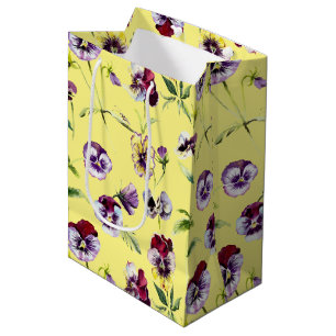 Pretty Watercolor Pansies Pattern on Yellow Medium Gift Bag
