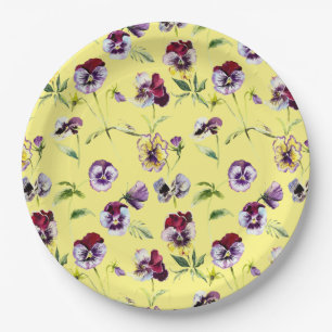 Pretty Watercolor Pansies Pattern on Yellow  Paper Plate