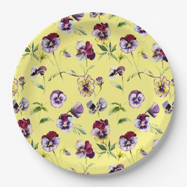 Pretty Watercolor Pansies Pattern on Yellow  Paper Plate (Front)