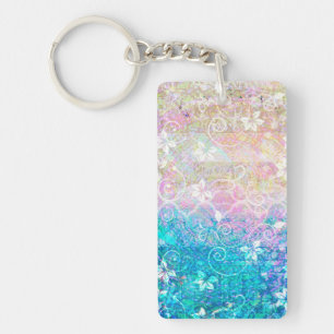 Pretty Watercolor Pastel Floral Pink and Blue Keychain
