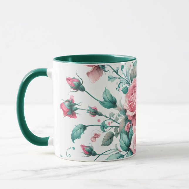 Pretty Watercolor Pink and Green Roses Mug (Left)