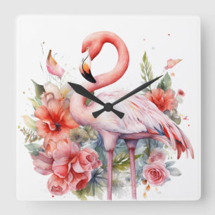 PRETTY WATERCOLOR PINK FLAMINGO WITH FLOWERS SQUARE WALL CLOCK