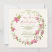 Pretty Watercolor Pink Floral Wreath Baby Shower