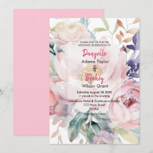 Pretty Watercolor Pink Purple Floral Wedding  Invitation