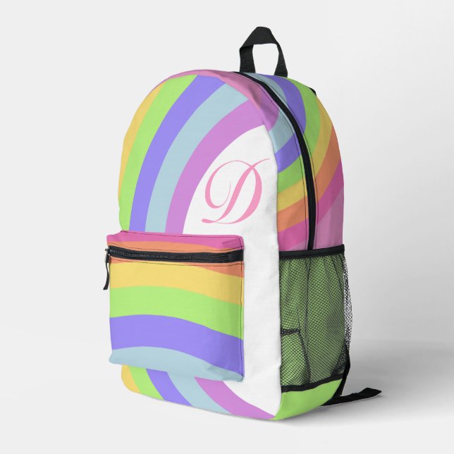 Pretty Watercolor Pink Rainbow Stripes Monogram Printed Backpack (Back Corner Right)