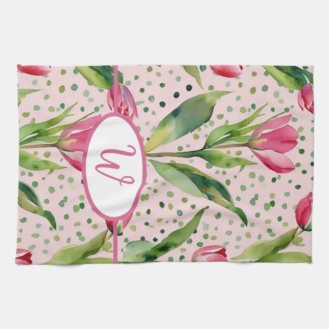 Pretty watercolor pink tulip floral  kitchen towel (Horizontal)