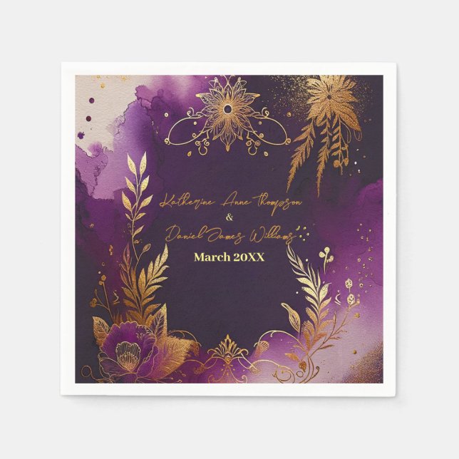 Pretty Watercolor Purple and Gold Floral Wedding Napkin (Front)