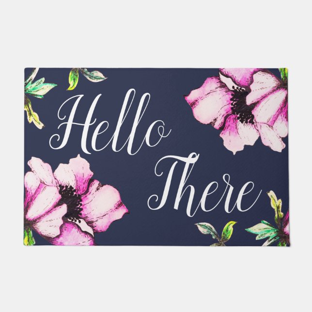 Pretty Watercolor Purple Flowers Hello There Doormat (Front)