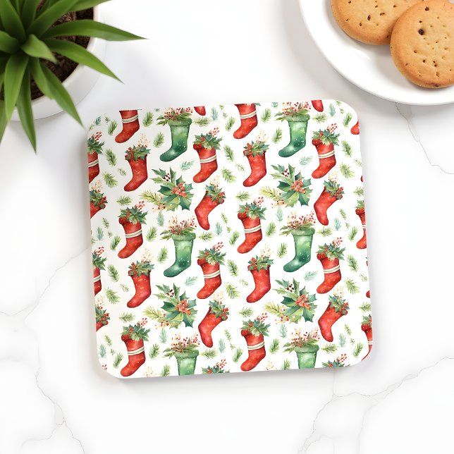 Pretty Watercolor Red and Green Stockings Coaster (Creator Uploaded)