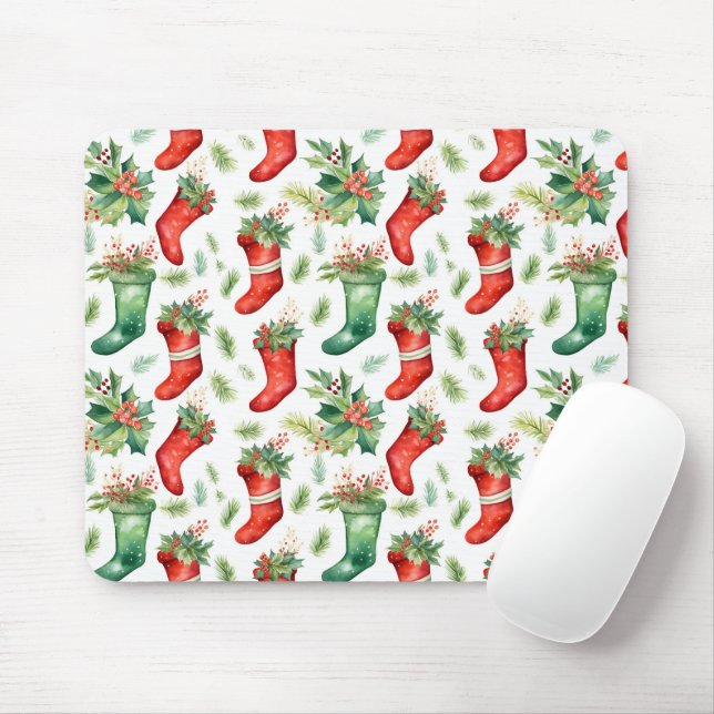 Pretty Watercolor Red and Green Stockings Mouse Pad (With Mouse)