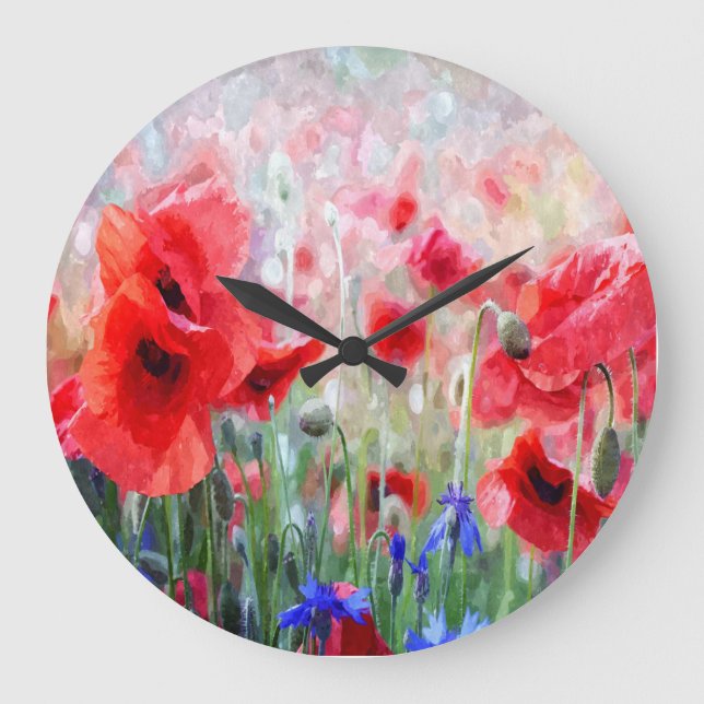 Pretty Watercolor Red Poppies Painting  Large Clock (Front)