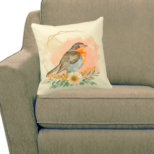 Pretty Watercolor Robin and Wildflower Frame Throw Pillow
