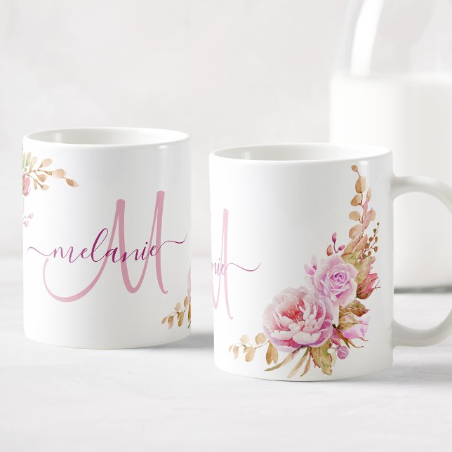 Pretty Watercolor Rose Floral Custom Monogram Coffee Mug (Creator Uploaded)