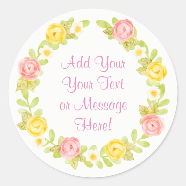 Pretty Watercolor Roses Wreath Personalize Classic Round Sticker (Front)