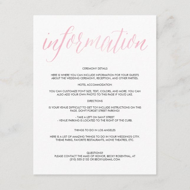 Pretty Watercolor Script Wedding Information Card (Front)