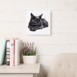 PRETTY WATERCOLOR SLEEPING FLUFFY BLACK CAT SQUARE WALL CLOCK