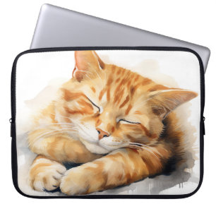 PRETTY WATERCOLOR SLEEPING ORANGE TABBY CAT LAPTOP SLEEVE