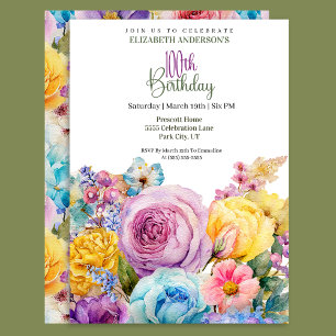 Pretty Watercolor Spring Floral 100th Birthday Invitation