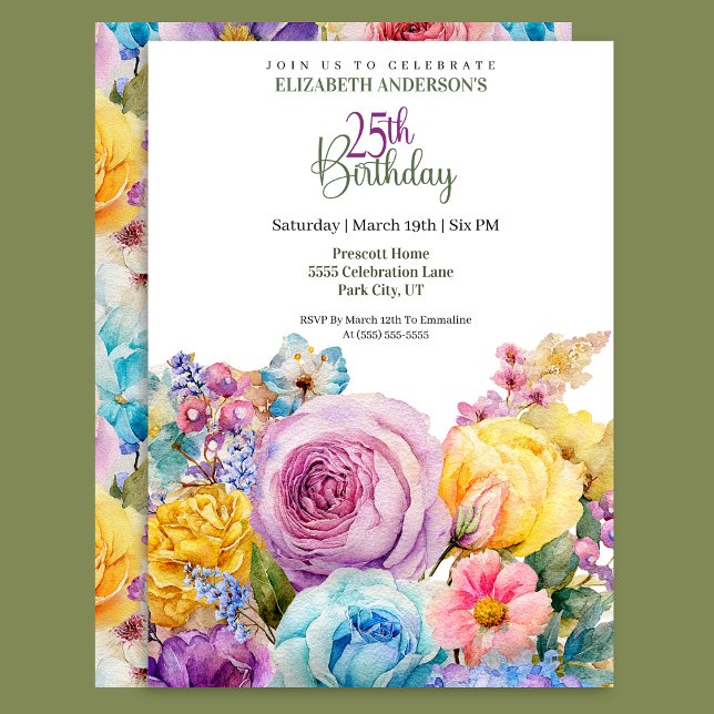 Pretty Watercolor Spring Floral 25th Birthday Invitation (Creator Uploaded)