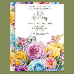 Pretty Watercolor Spring Floral 40th Birthday Invitation