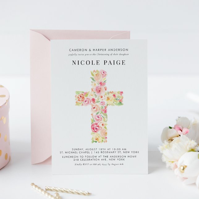 Pretty Watercolor Spring Floral Cross Christening Invitation (Creator Uploaded)