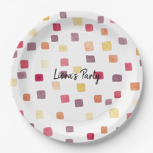Pretty Watercolor Square Pattern Paper Plate (Front)