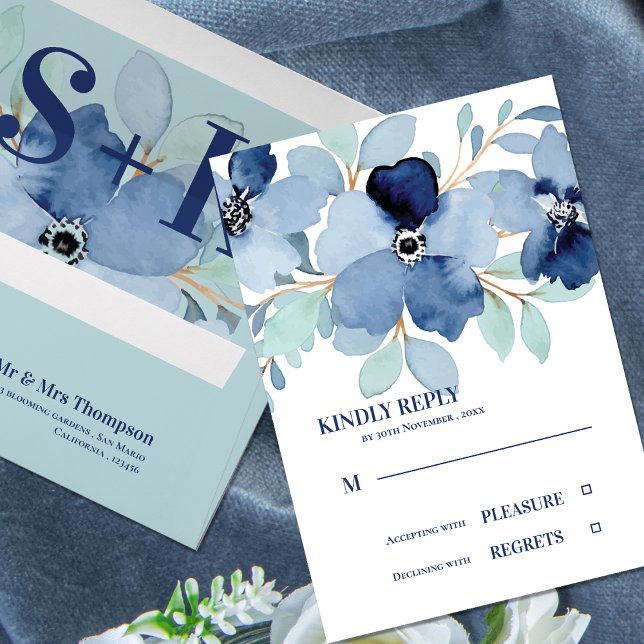 Pretty Watercolor Stale Blue Floral  Wedding RSVP (Pretty Watercolor Stale Blue Floral Wedding RSVP)