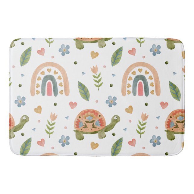 Pretty Watercolor Turtle and Rainbow Pattern Bath Mat (Front)