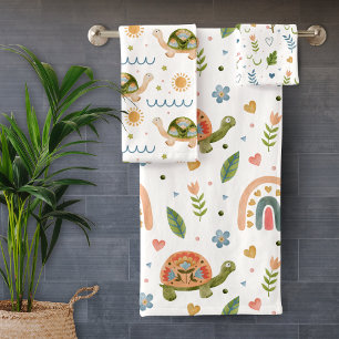 Pretty Watercolor Turtle and Rainbow Pattern Bath Towel Set
