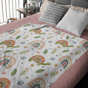 Pretty Watercolor Turtle and Rainbow Pattern Fleece Blanket