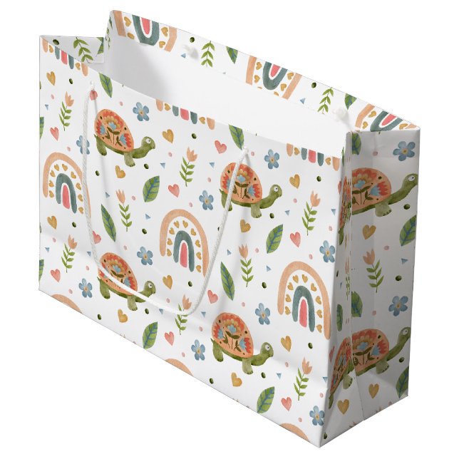 Pretty Watercolor Turtle and Rainbow Pattern Large Gift Bag (Front Angled)