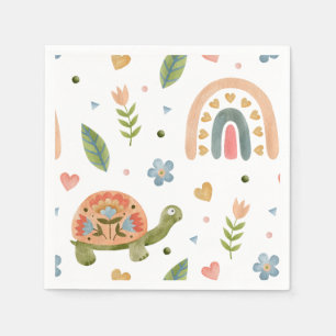Pretty Watercolor Turtle and Rainbow Pattern Napkin