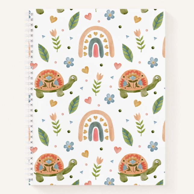 Pretty Watercolor Turtle and Rainbow Pattern Notebook (Front)