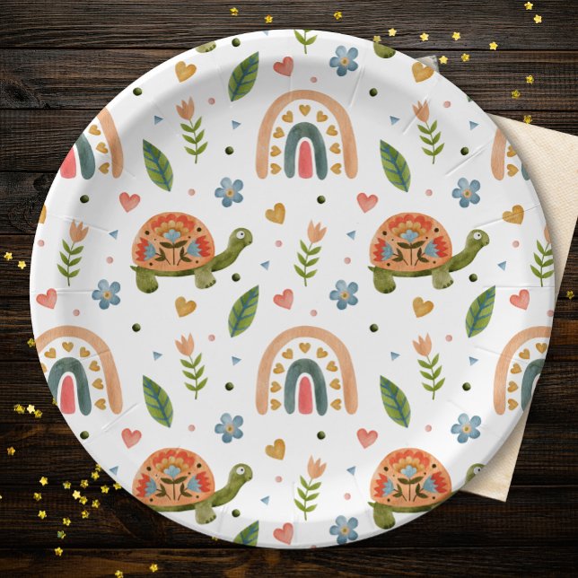 Pretty Watercolor Turtle and Rainbow Pattern Paper Plate (Creator Uploaded)