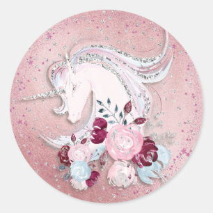 Pretty Watercolor Unicorn Pink & Silver Accents Classic Round Sticker