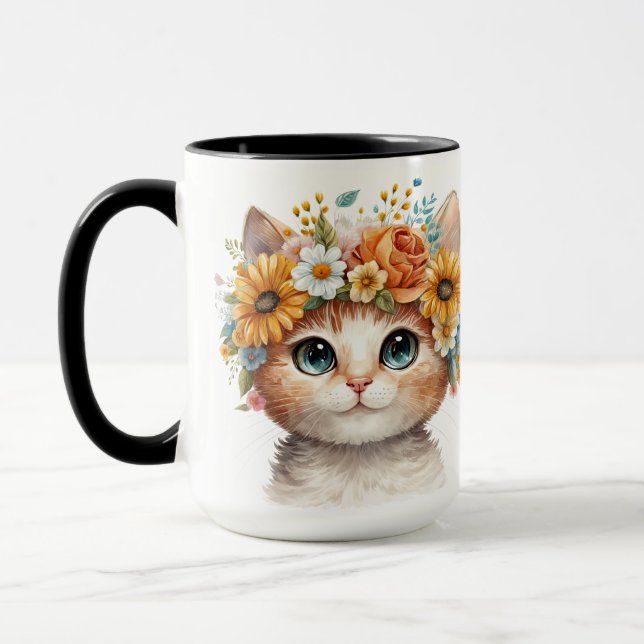 PRETTY WATERCOLOR WHITE CAT FACE WITH FLOWERS MUG (Left)