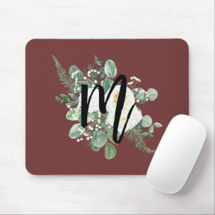 Pretty watercolor white flowers Monogram Burgundy Mouse Pad