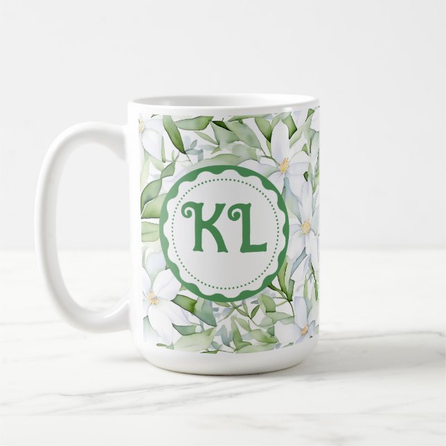 Pretty Watercolor White Flowers Personalized Coffee Mug (Left)