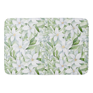Pretty Watercolor White Flowers Sage Green Foliage Bath Mat