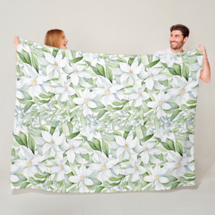 Pretty Watercolor White Flowers Sage Green Foliage Fleece Blanket