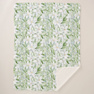 Pretty Watercolor White Flowers Sage Green Foliage Sherpa Blanket