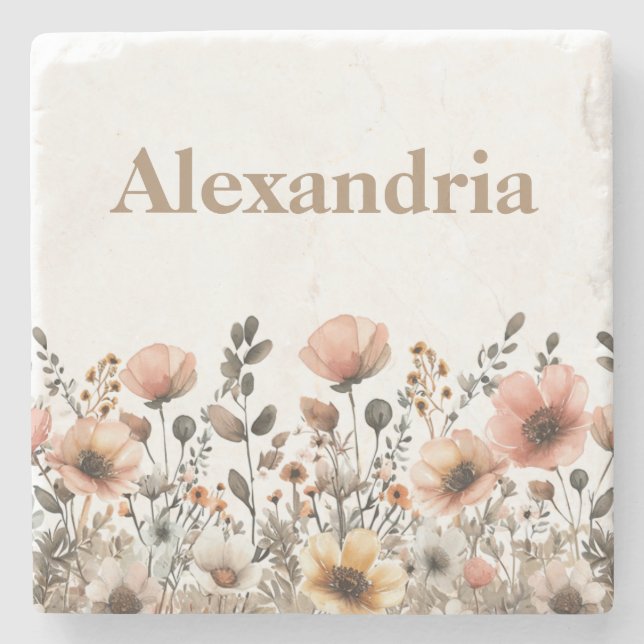 Pretty Watercolor Wildflower Neutral and Pink Stone Coaster (Front)