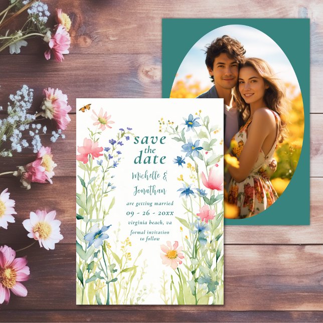 Pretty Watercolor Wildflowers Garden Photo Wedding Save The Date (Pretty Watercolor Wildflowers Garden Photo Wedding Save The Date)