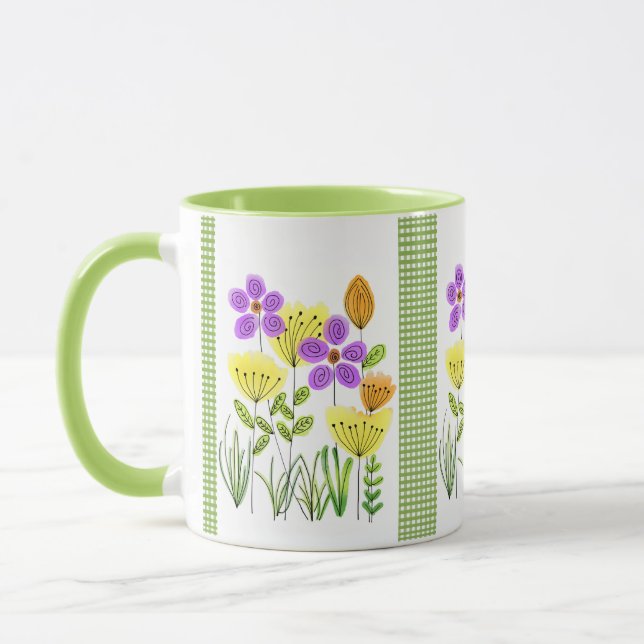 Pretty Watercolor Wildflowers with Green Gingham Mug (Left)