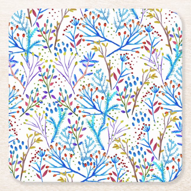 Pretty watercolor winter foliage pattern design square paper coaster (Front)