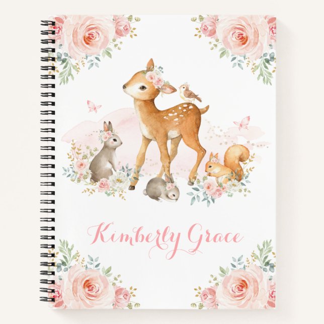 Pretty Watercolor Woodland Animals / Blush Floral Notebook
