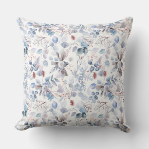 Pretty Watercolour Winter Blue Floral Throw Pillow