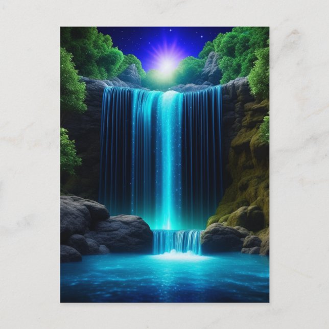 Pretty Waterfall at Night Mystical Postcard (Front)