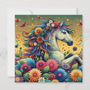 Pretty Whimsical Colourful Flowers and White Horse